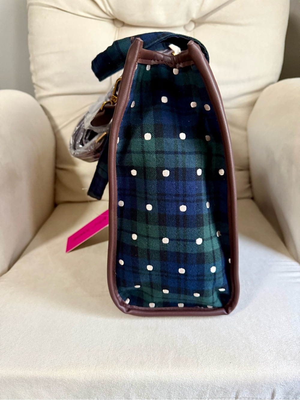 Betsey Johnson Green & Blue Plaid Polka Dot Tote with Brown Trim - Picture 4 of 5